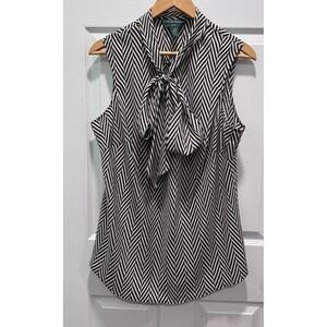 Ralph Lauren Brown Stripe 100% Silk Tie Neck Tie Neck Blouse Sleeveless 16W